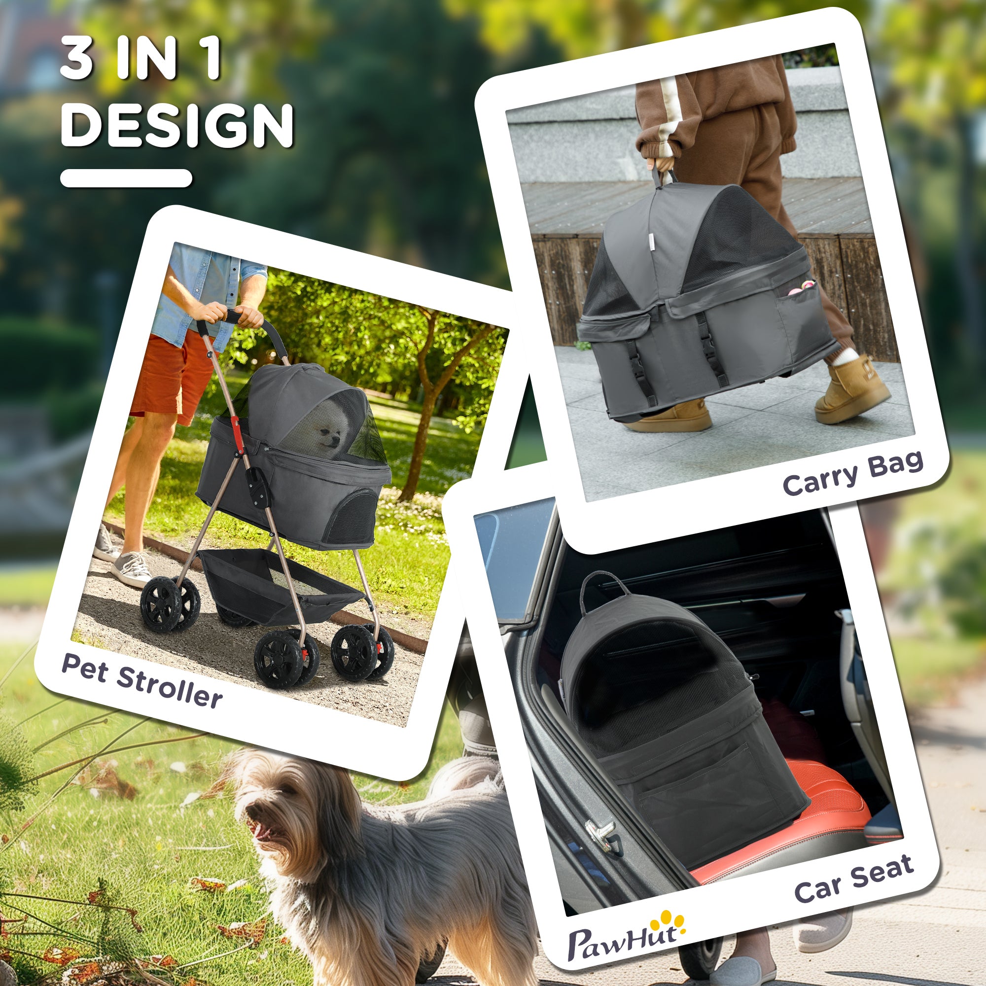 Furrcraft 3-in-1 Foldable Pet Stroller with Detachable Carrier & Storage Basket