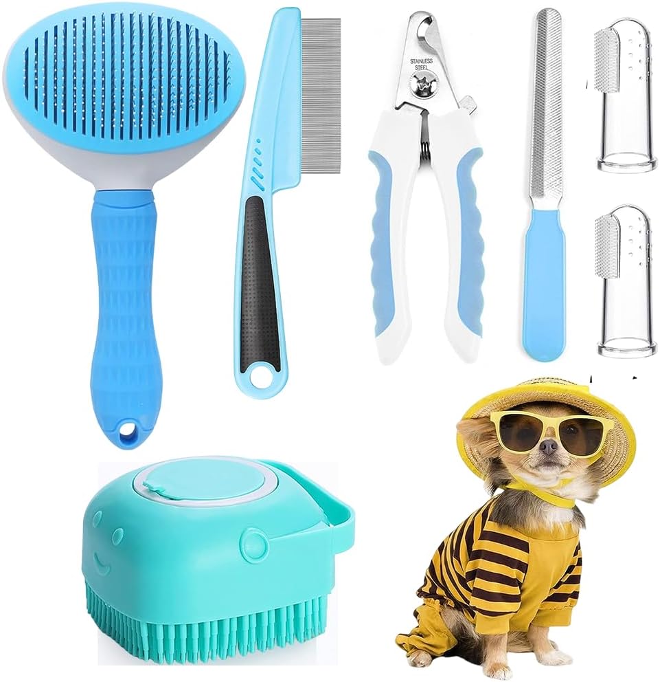 Furrcraft 7-Piece Pet Grooming Kit – Self-Cleaning Brush, Nail Clipper, Flea Comb & Bath Brush for Dogs & Cats
